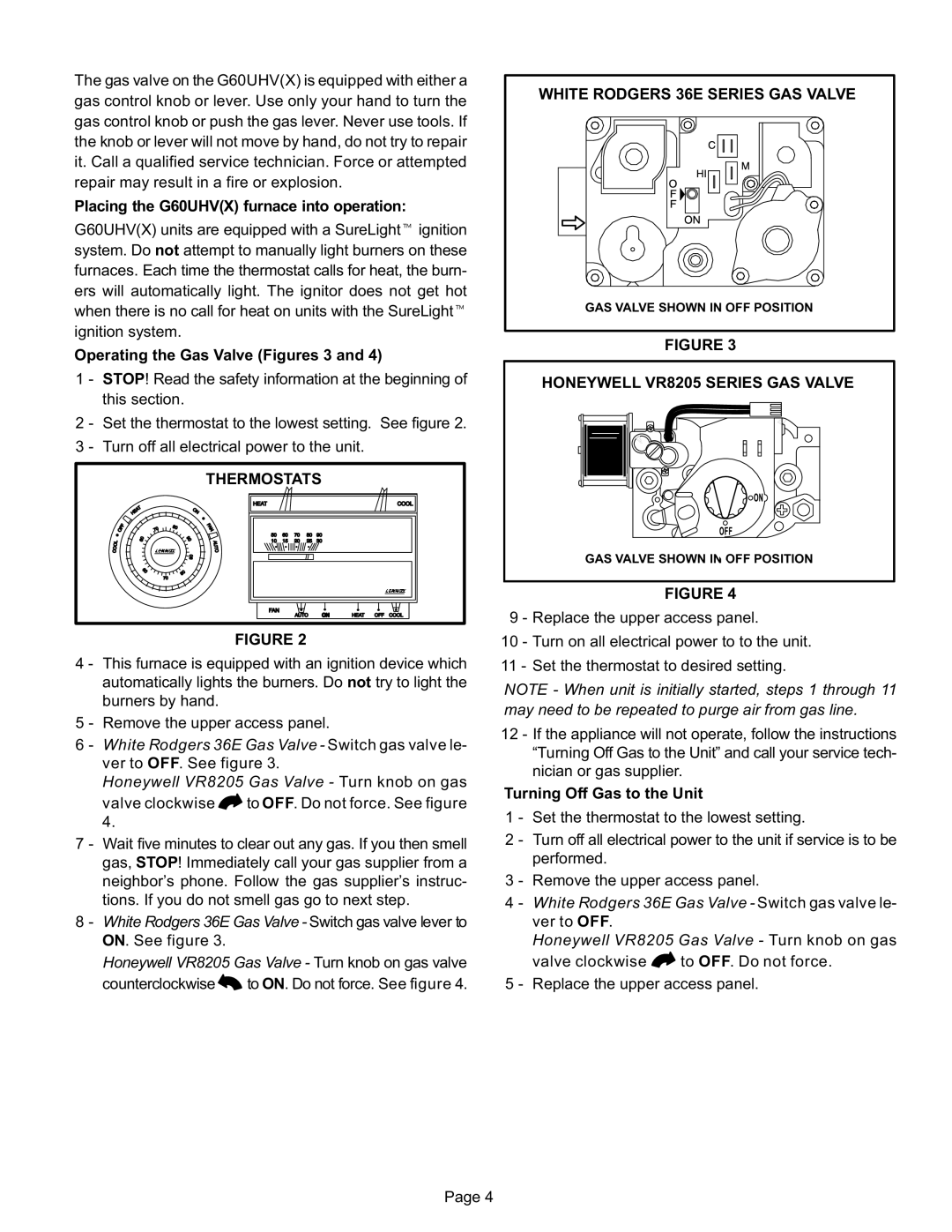 Lennox Hearth G60UHV(X) manual Thermostats, White Rodgers 36E Series GAS Valve, Honeywell VR8205 Series GAS Valve 