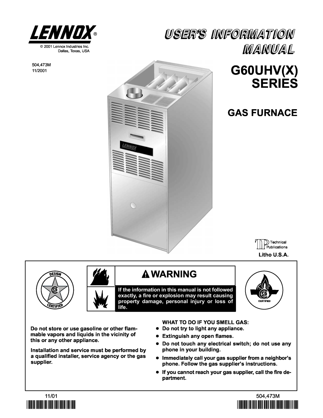 Lennox Hearth G60UHV(X) manual G60UHVX SERIES, Gas Furnace, 2P1101, P504473M 