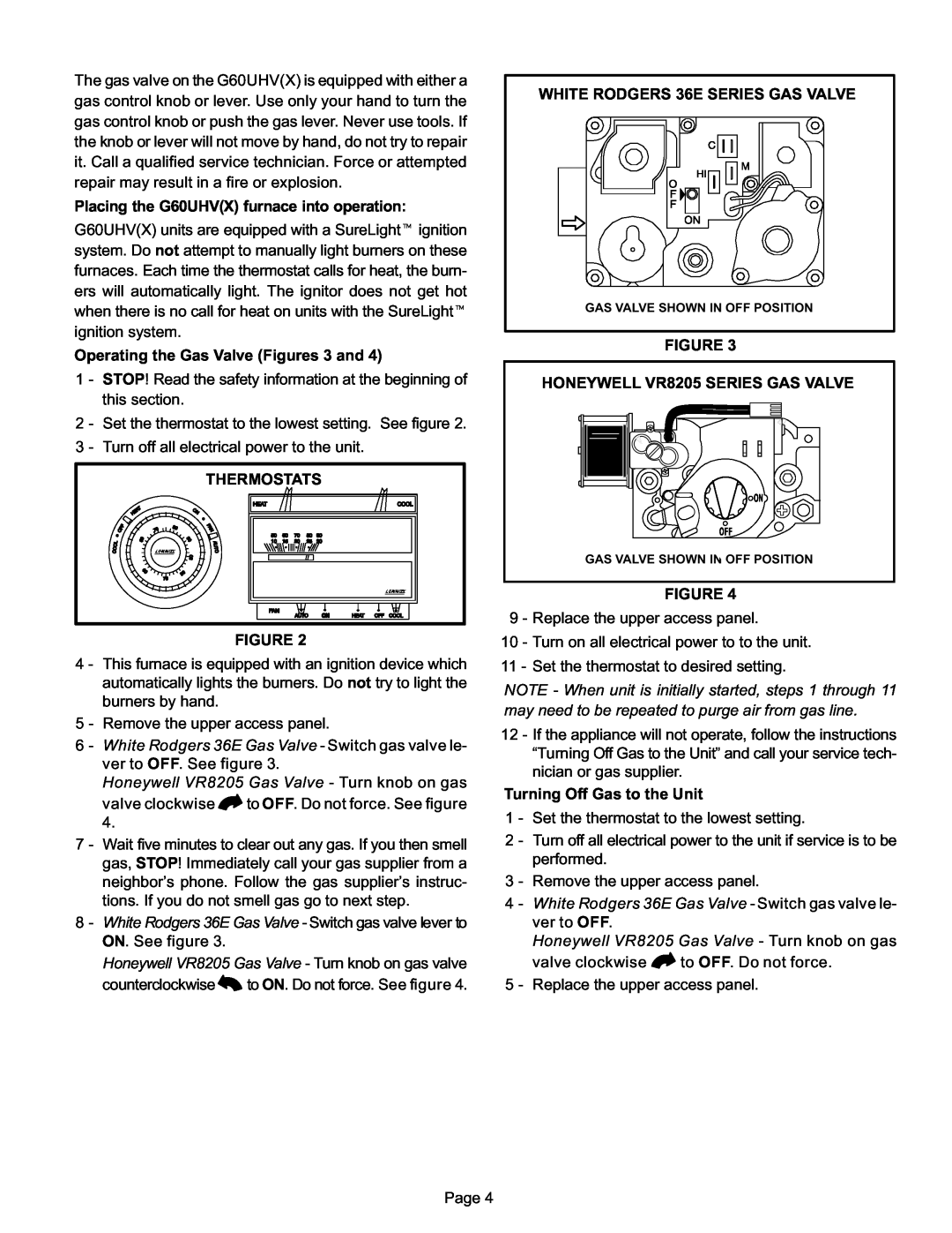 Lennox Hearth G60UHV(X) manual Operating the Gas Valve Figures 3 and 