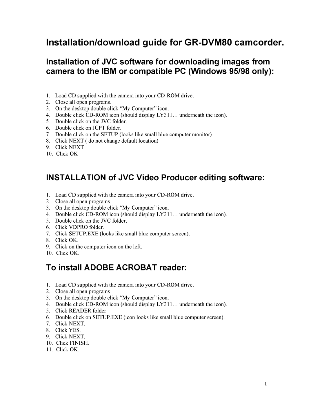 Lennox Hearth GR-DVM80 manual Installation of JVC Video Producer editing software, To install Adobe Acrobat reader 