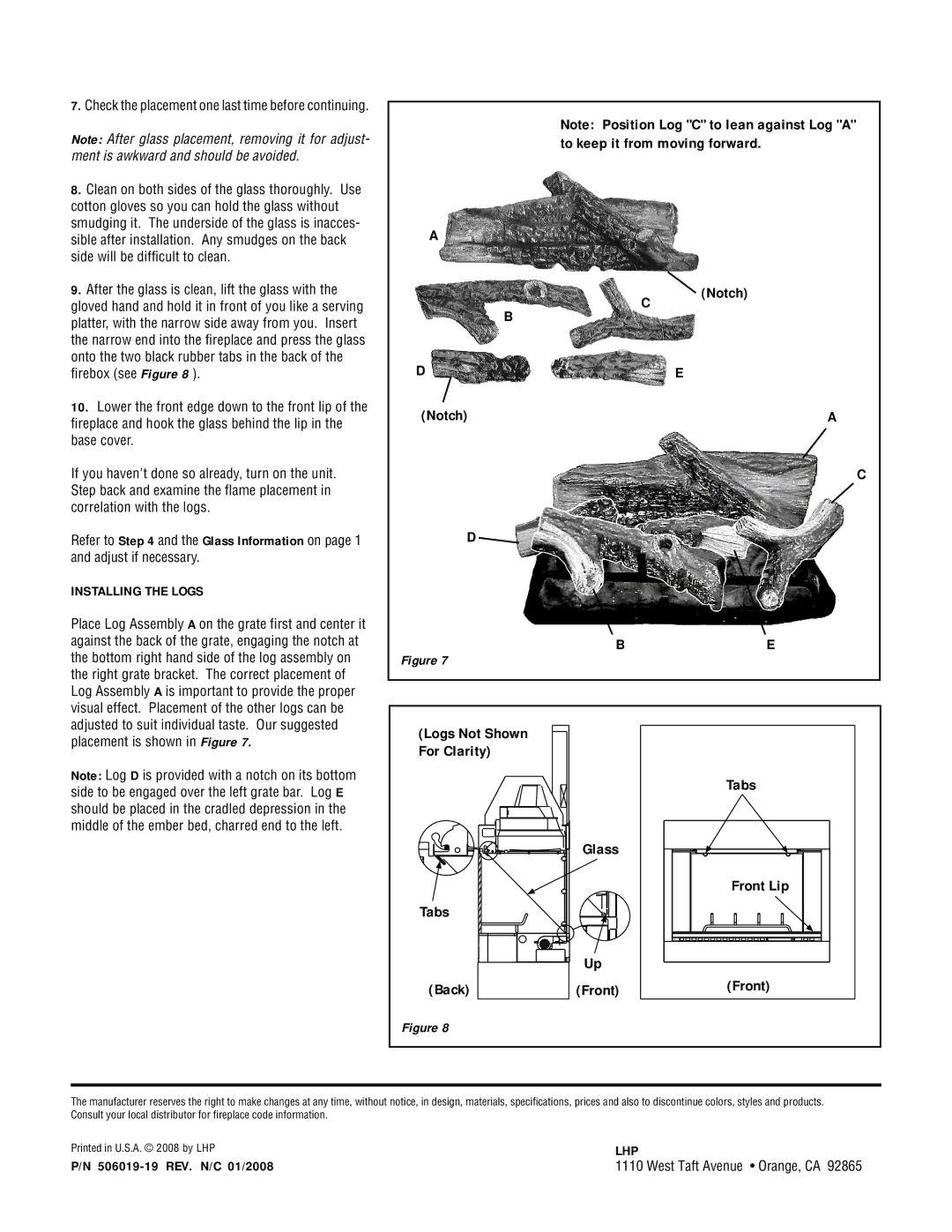 Lennox Hearth H6963 Notch Logs Not Shown For Clarity Tabs Glass, Tabs Back Front, Installing the Logs, Lhp 