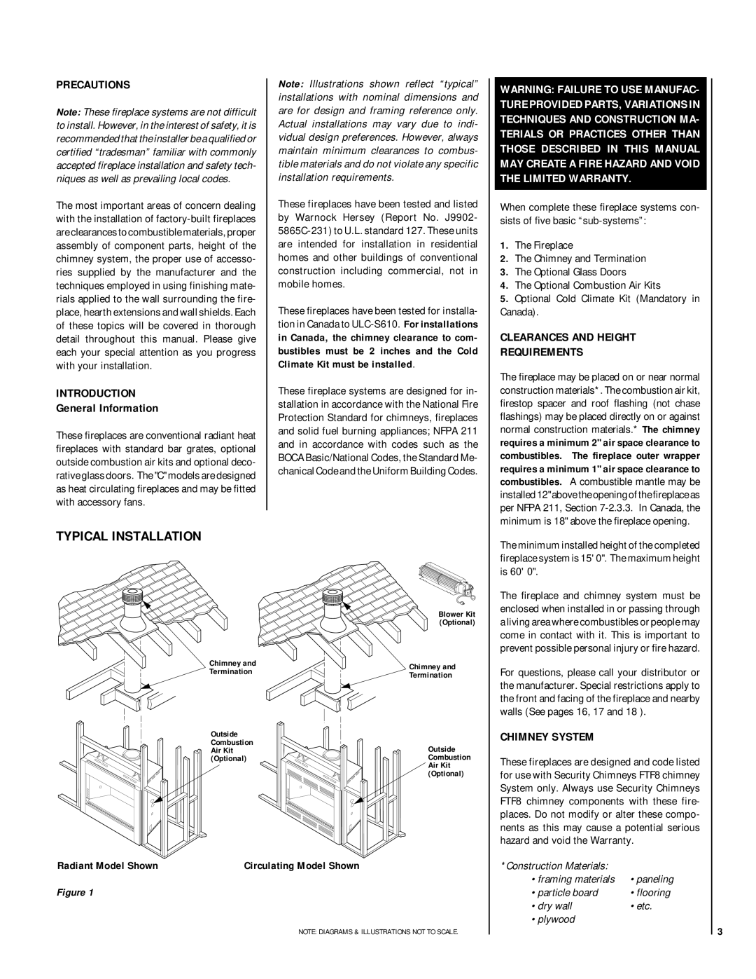 Lennox Hearth RDI-36-H Typical Installation, Precautions, Introduction, Clearances and Height Requirements, Chimney System 