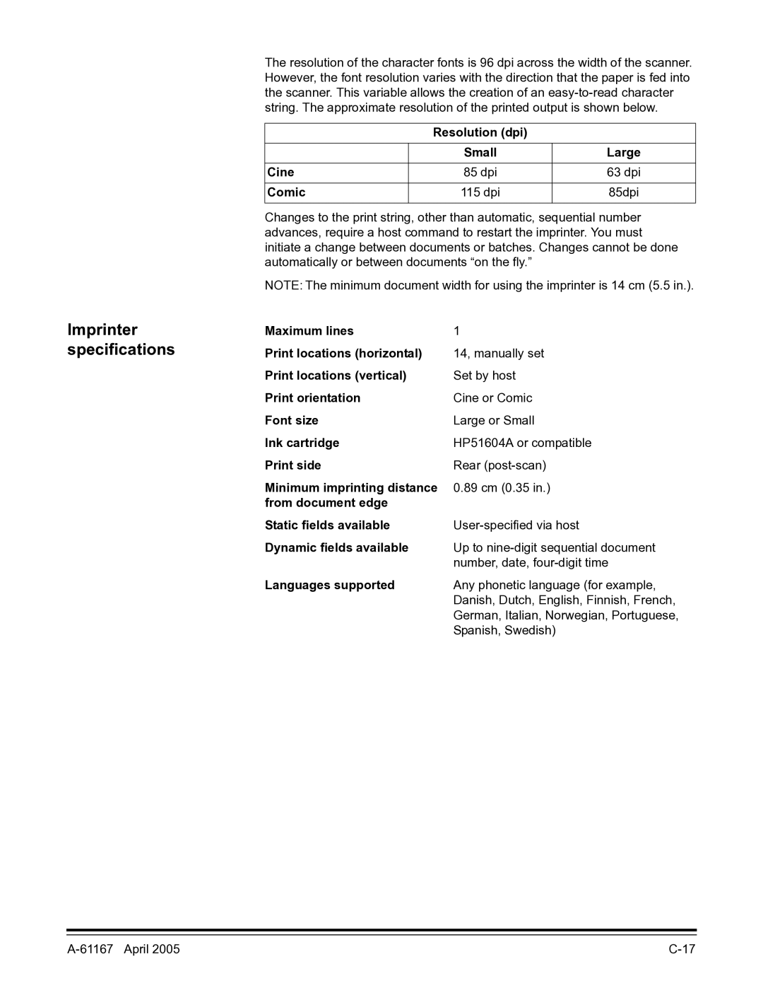 Lennox Hearth I200 manual Imprinter specifications 