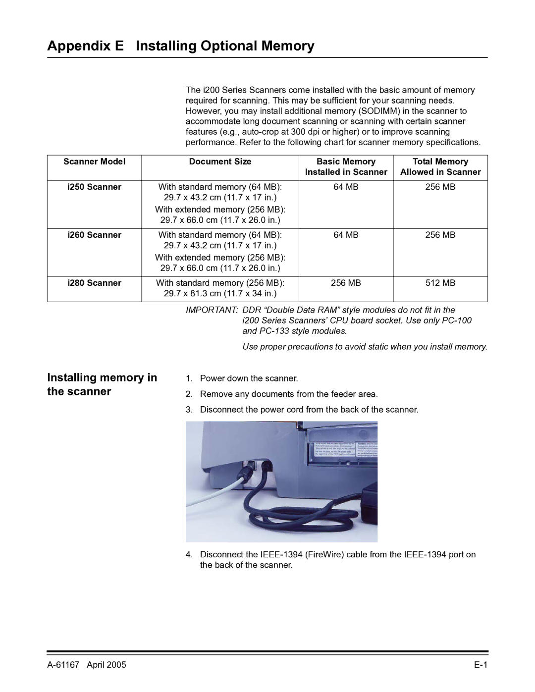 Lennox Hearth I200 manual Appendix E Installing Optional Memory, Installing memory in the scanner 