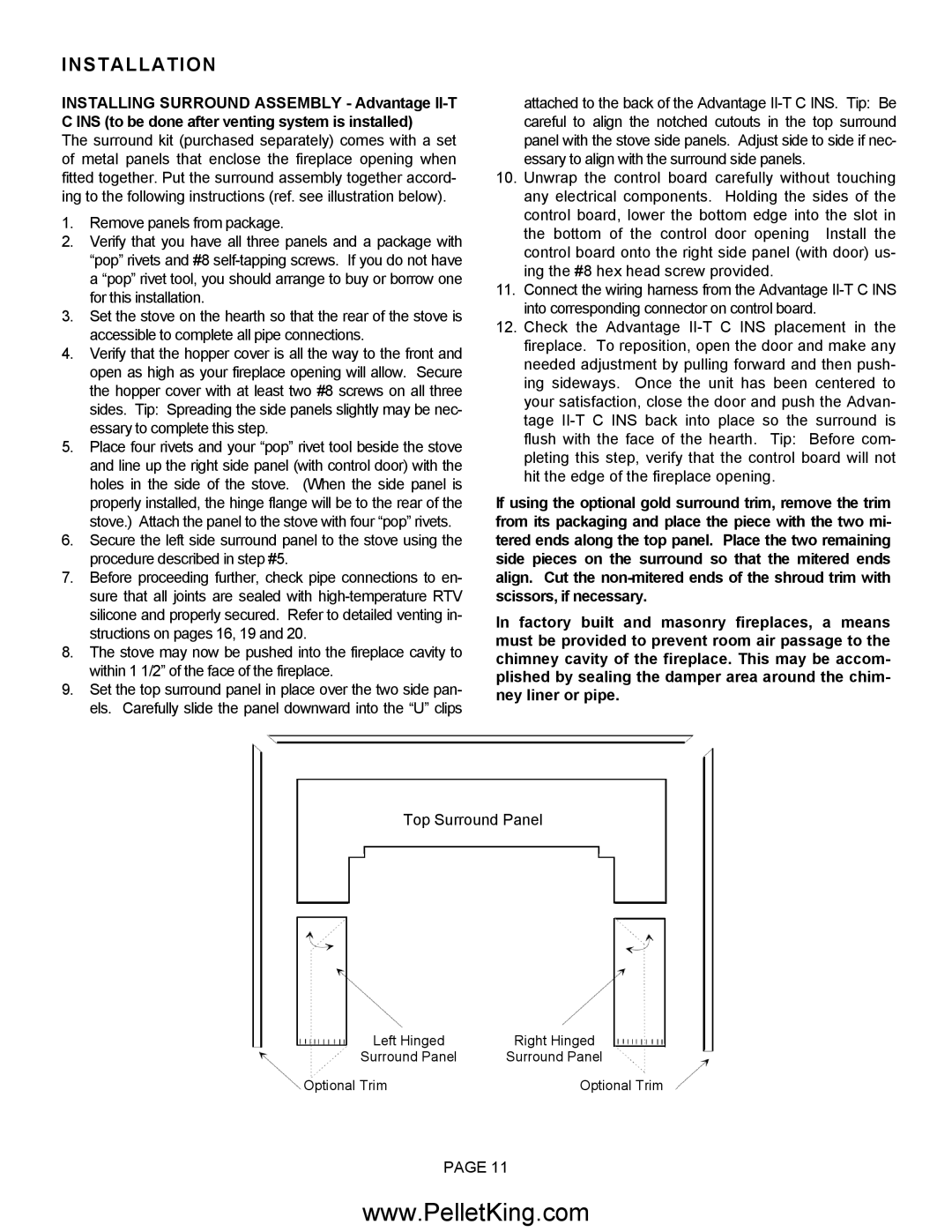 Lennox Hearth II-T C FS, II-T C INS operation manual Top Surround Panel 