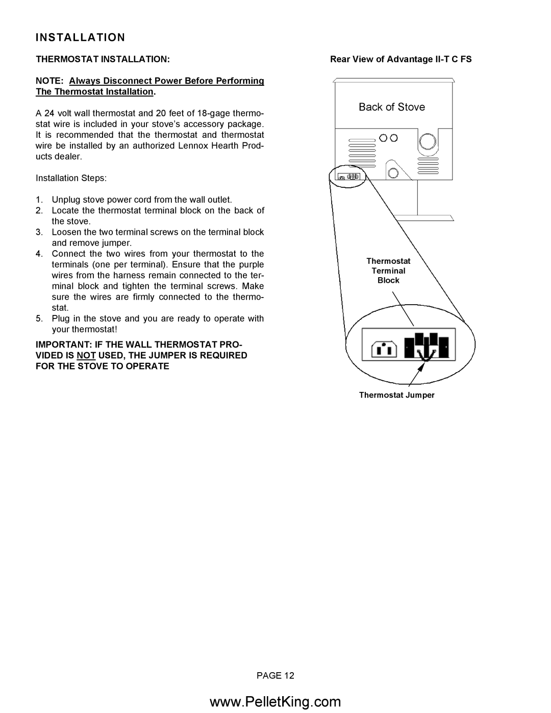 Lennox Hearth II-T C INS operation manual Thermostat Installation, Rear View of Advantage II-T C FS 