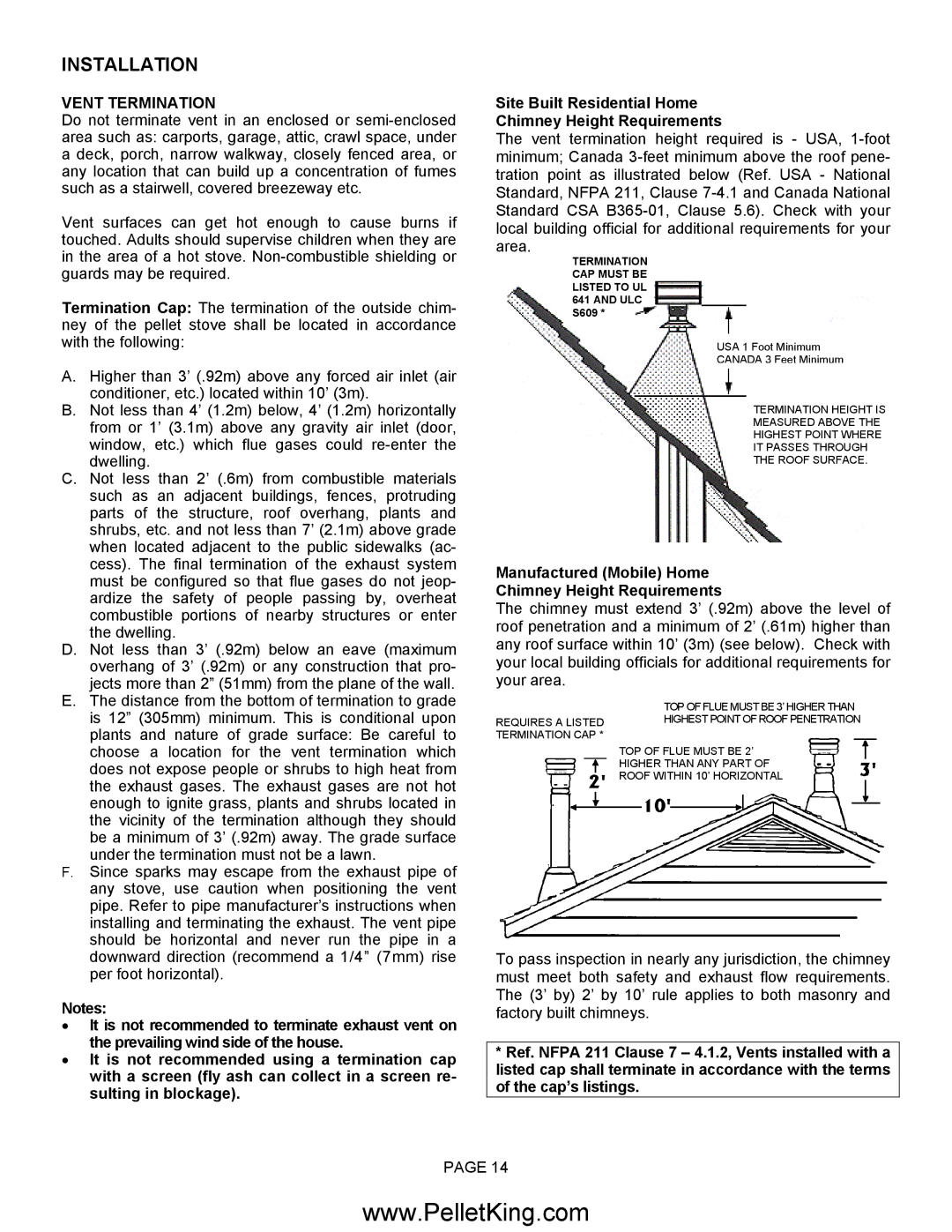 Lennox Hearth II-T C INS, II-T C FS operation manual Vent Termination, Manufactured Mobile Home Chimney Height Requirements 