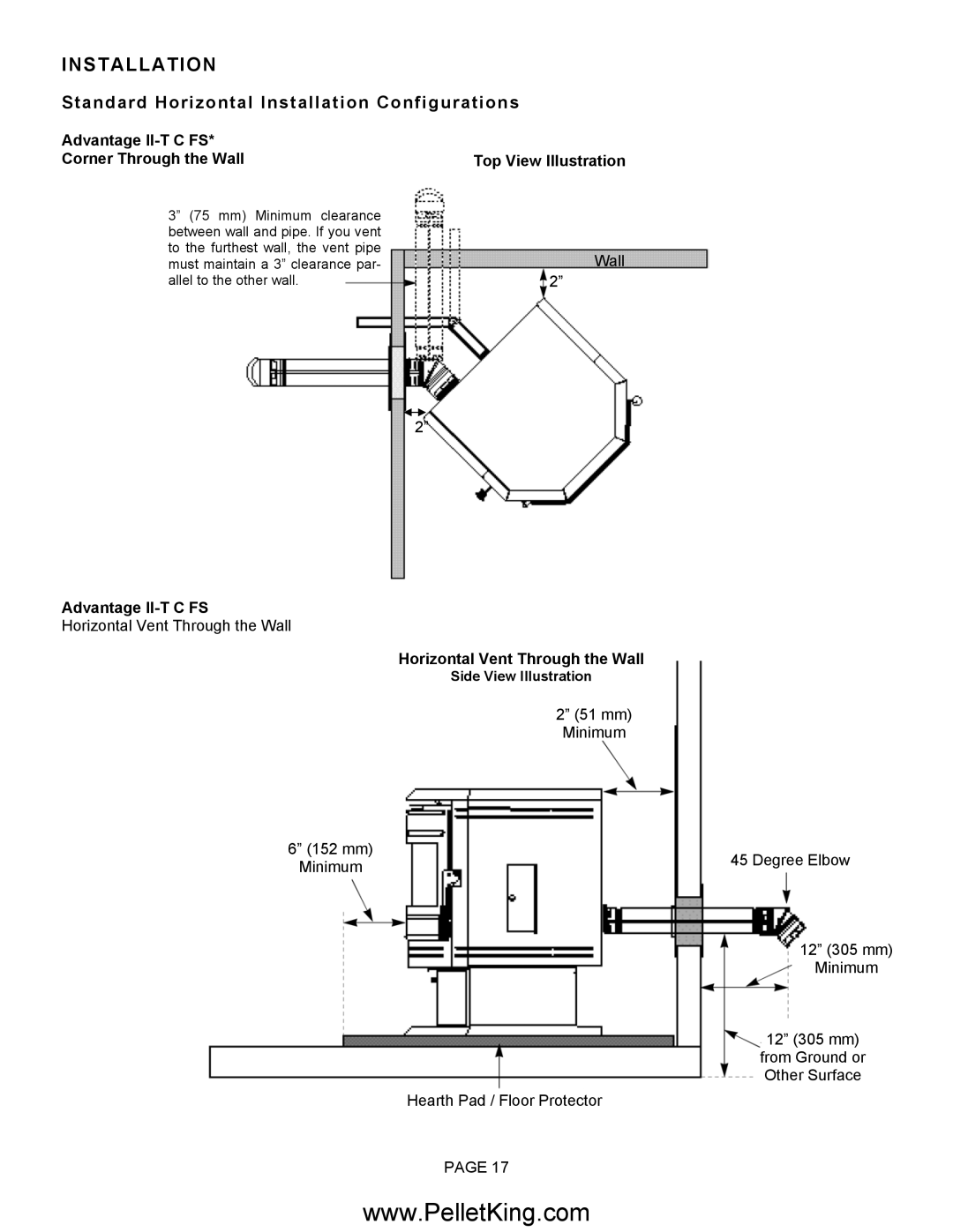 Lennox Hearth Advantage II-T C FS Corner Through the Wall, Top View Illustration, Horizontal Vent Through the Wall 