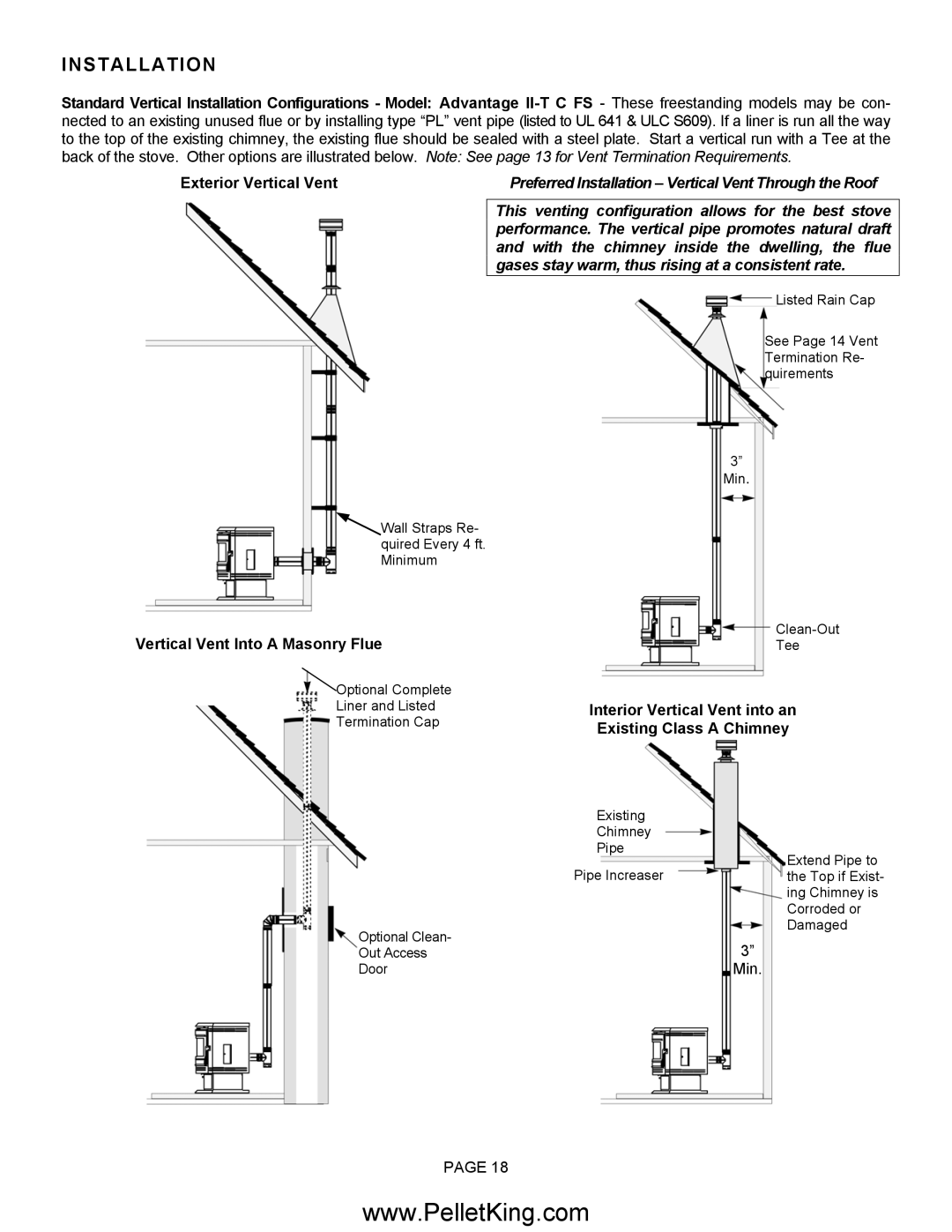 Lennox Hearth II-T C INS, II-T C FS operation manual Vertical Vent Into a Masonry Flue, Existing Class a Chimney 