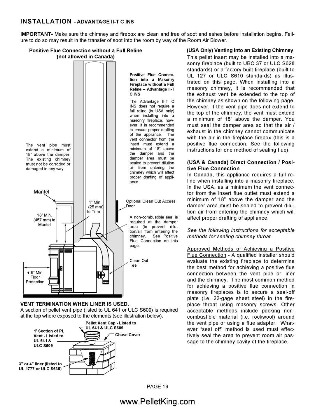 Lennox Hearth II-T C FS Installation Advantage II-T C INS, USA & Canada Direct Connection / Posi- tive Flue Connection 