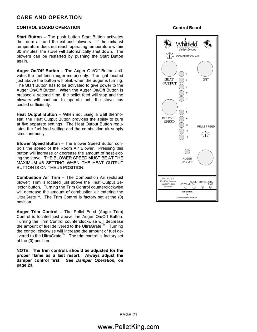 Lennox Hearth II-T C FS, II-T C INS operation manual Care and Operation, Control Board Operation 