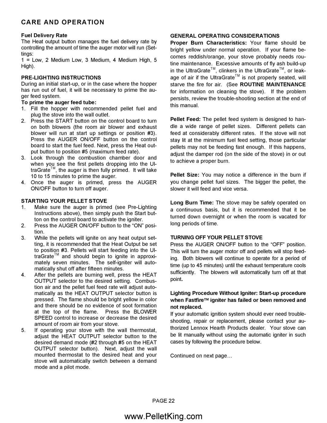 Lennox Hearth II-T C INS PRE-LIGHTING Instructions, Starting Your Pellet Stove, General Operating Considerations 