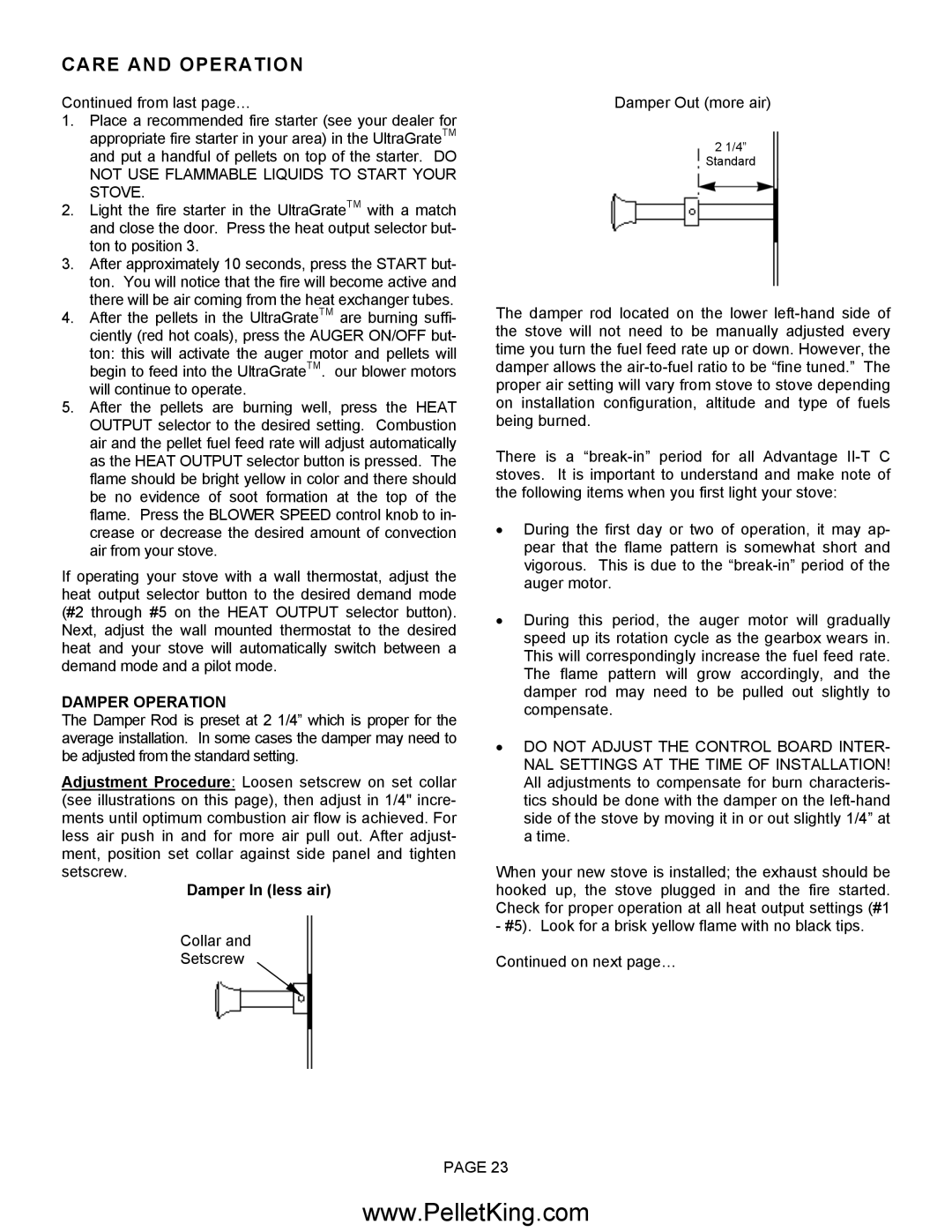 Lennox Hearth II-T C FS, II-T C INS operation manual Damper Operation, Damper In less air 