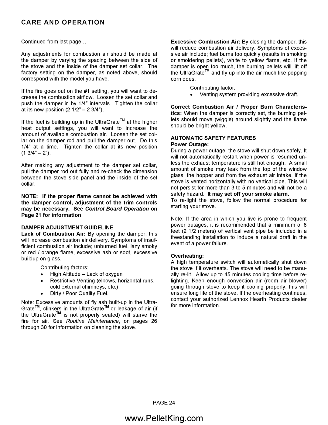 Lennox Hearth II-T C INS, II-T C FS Damper Adjustment Guideline, Automatic Safety Features, Power Outage, Overheating 