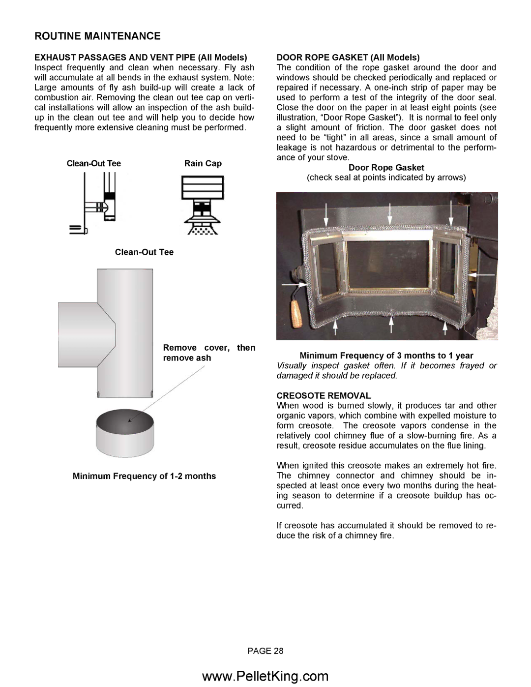 Lennox Hearth II-T C INS, II-T C FS Door Rope Gasket, Minimum Frequency of 3 months to 1 year, Creosote Removal 