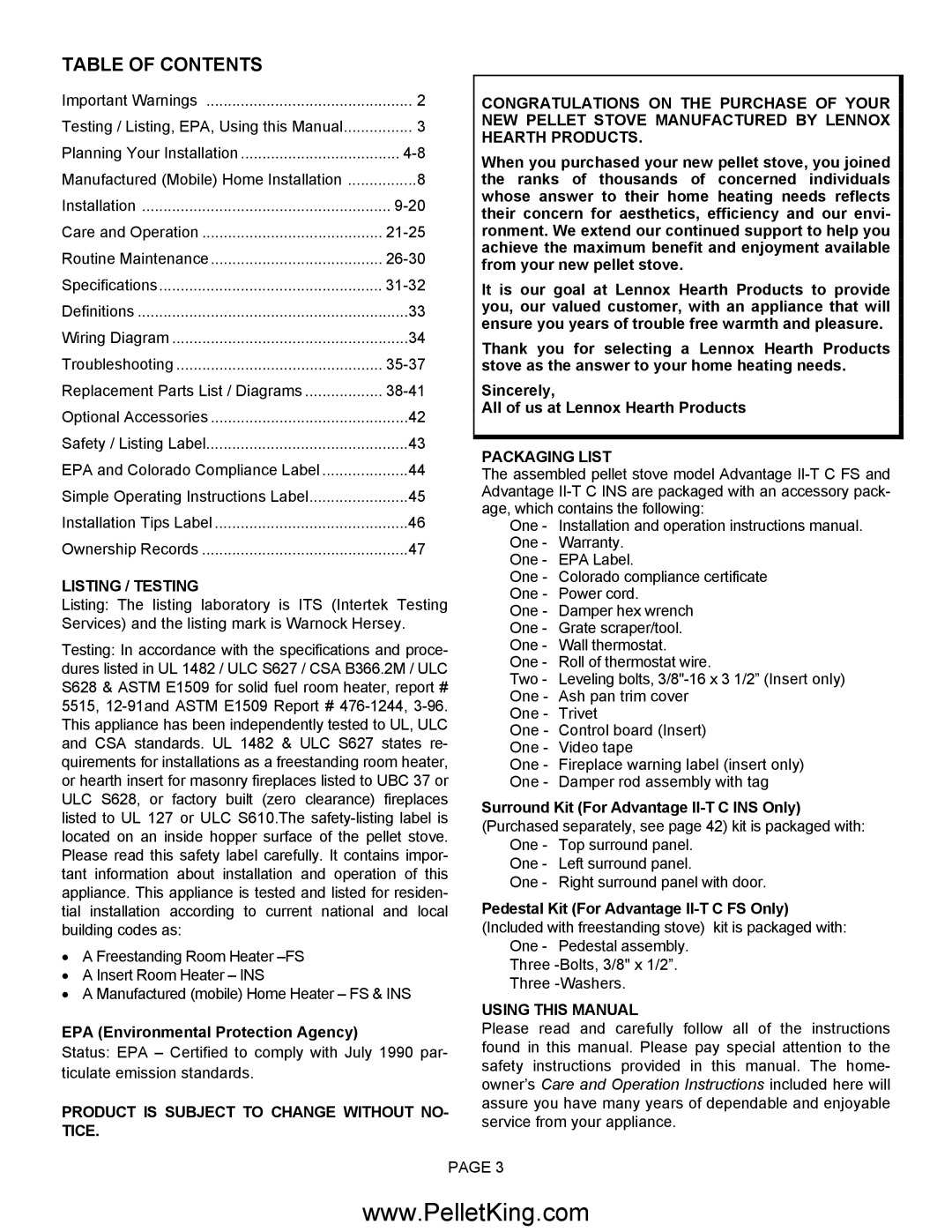 Lennox Hearth II-T C FS, II-T C INS operation manual Table of Contents 