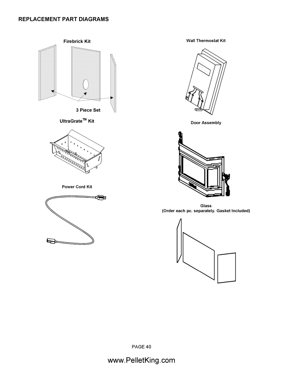 Lennox Hearth II-T C INS, II-T C FS operation manual Replacement Part Diagrams, Firebrick Kit, Piece Set UltraGrate TM Kit 