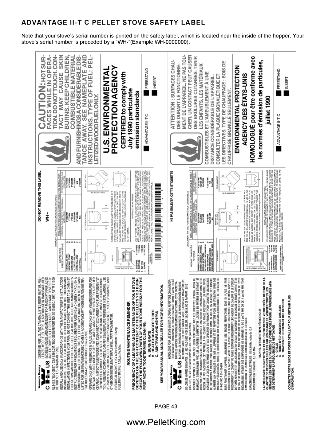 Lennox Hearth II-T C FS, II-T C INS operation manual Advantage II-T C Pellet Stove Safety Label 