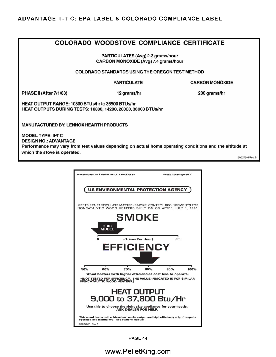 Lennox Hearth II-T C INS, II-T C FS operation manual Advantage II-T C EPA Label & Colorado Compliance Label 