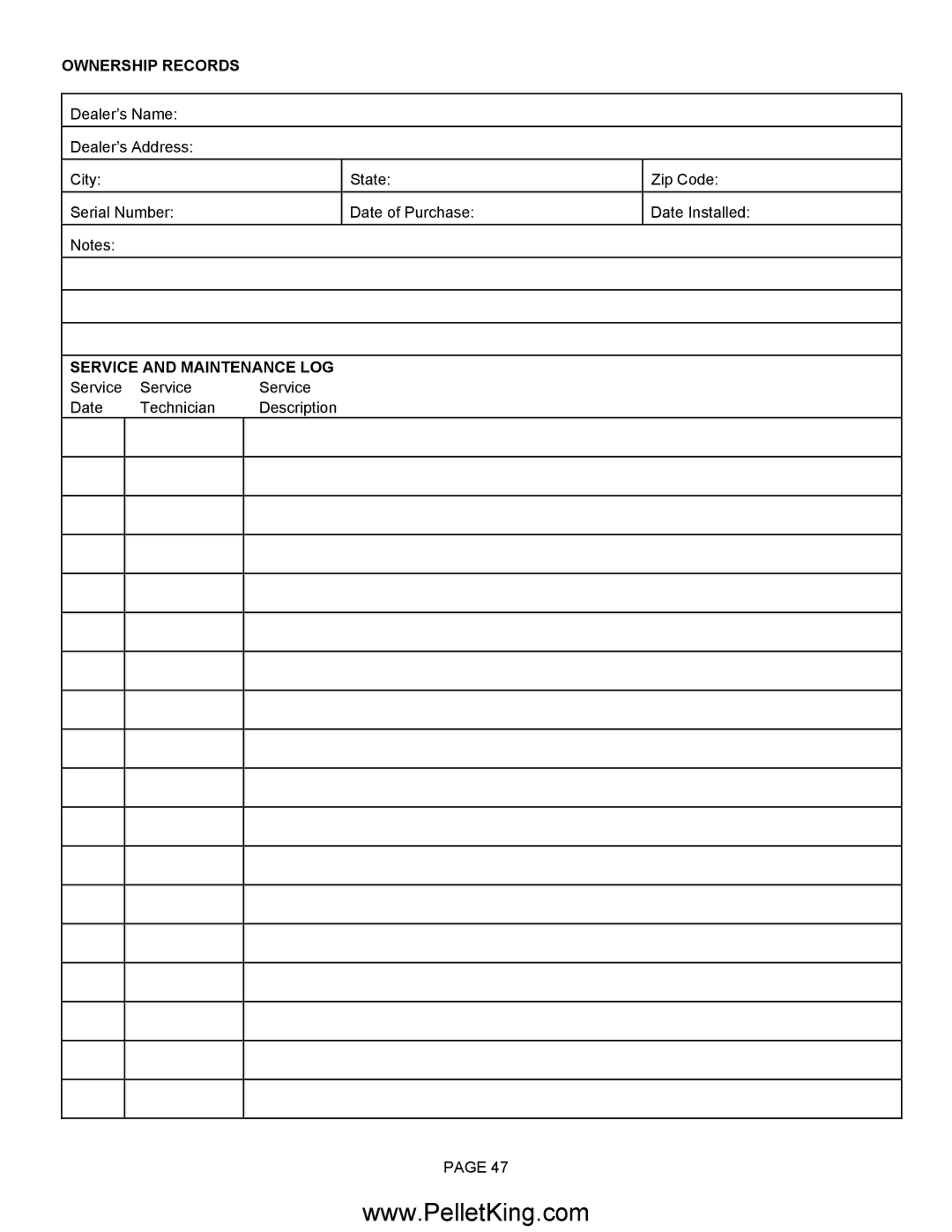 Lennox Hearth II-T C FS, II-T C INS operation manual Ownership Records, Service and Maintenance LOG 