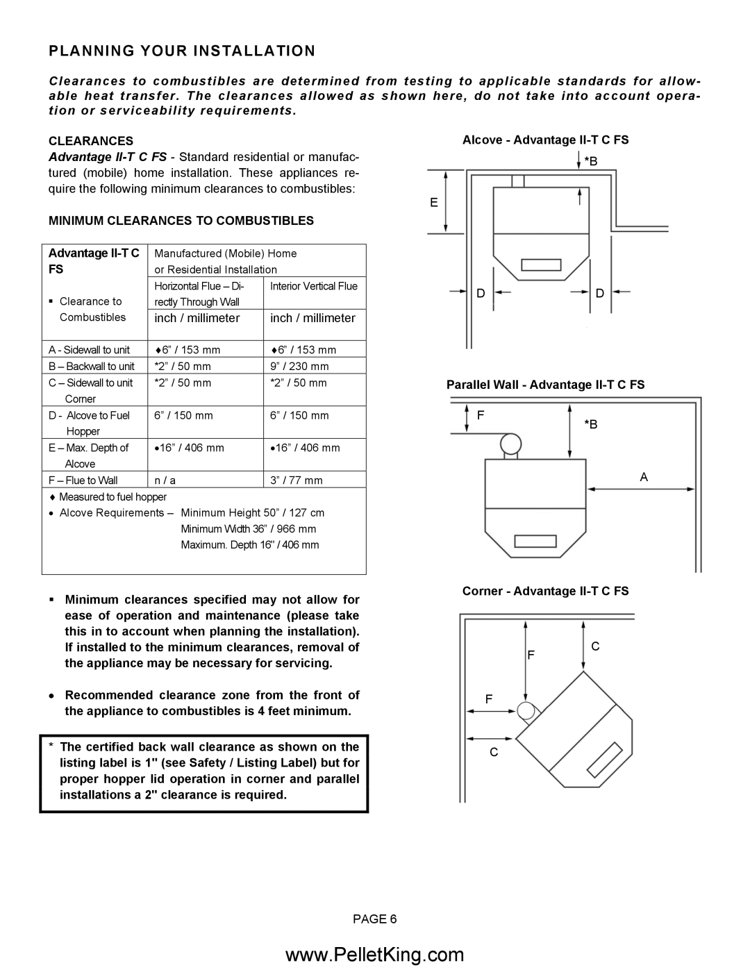 Lennox Hearth II-T C INS, II-T C FS operation manual Minimum Clearances to Combustibles, Advantage II-T C 