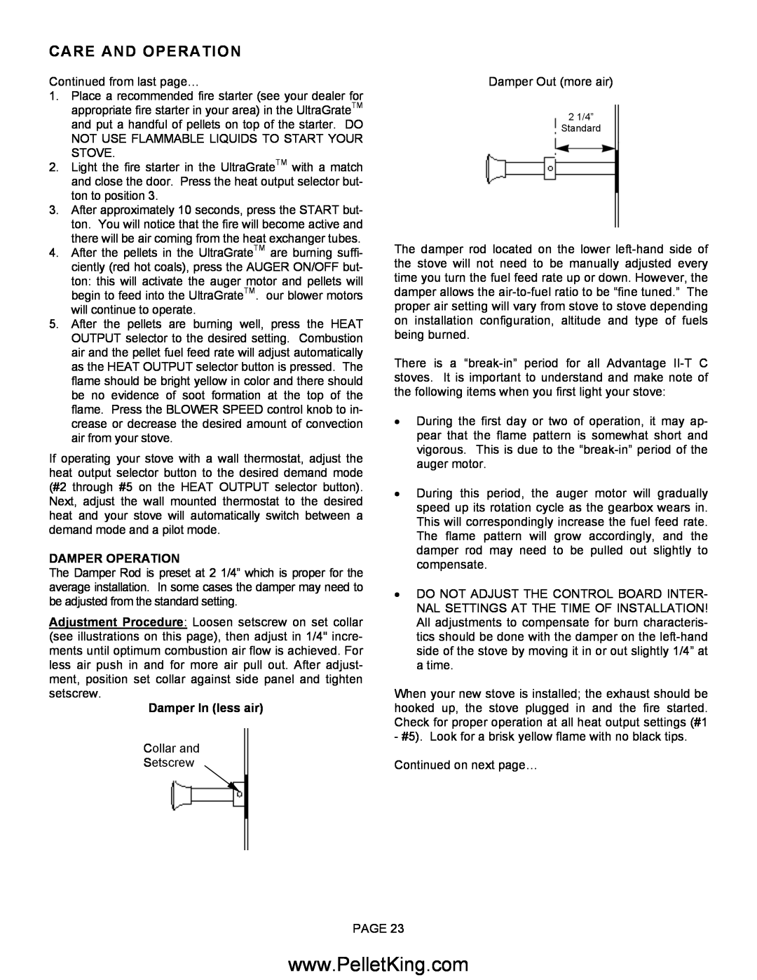 Lennox Hearth II-T C FS, II-T C INS operation manual Damper Operation, Damper In less air, Care And Operation 