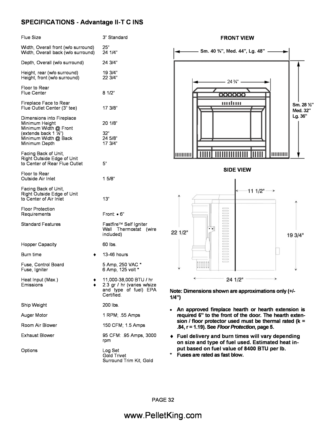 Lennox Hearth II-T C INS SPECIFICATIONS - Advantage II-TC INS, Front View, Side View, Fuses are rated as fast blow 