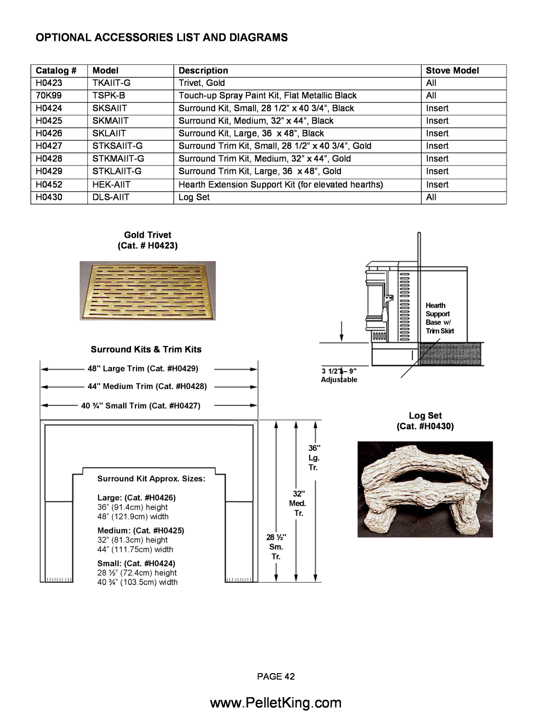 Lennox Hearth II-T C INS, II-T C FS Optional Accessories List And Diagrams, Catalog #, Description, Stove Model 