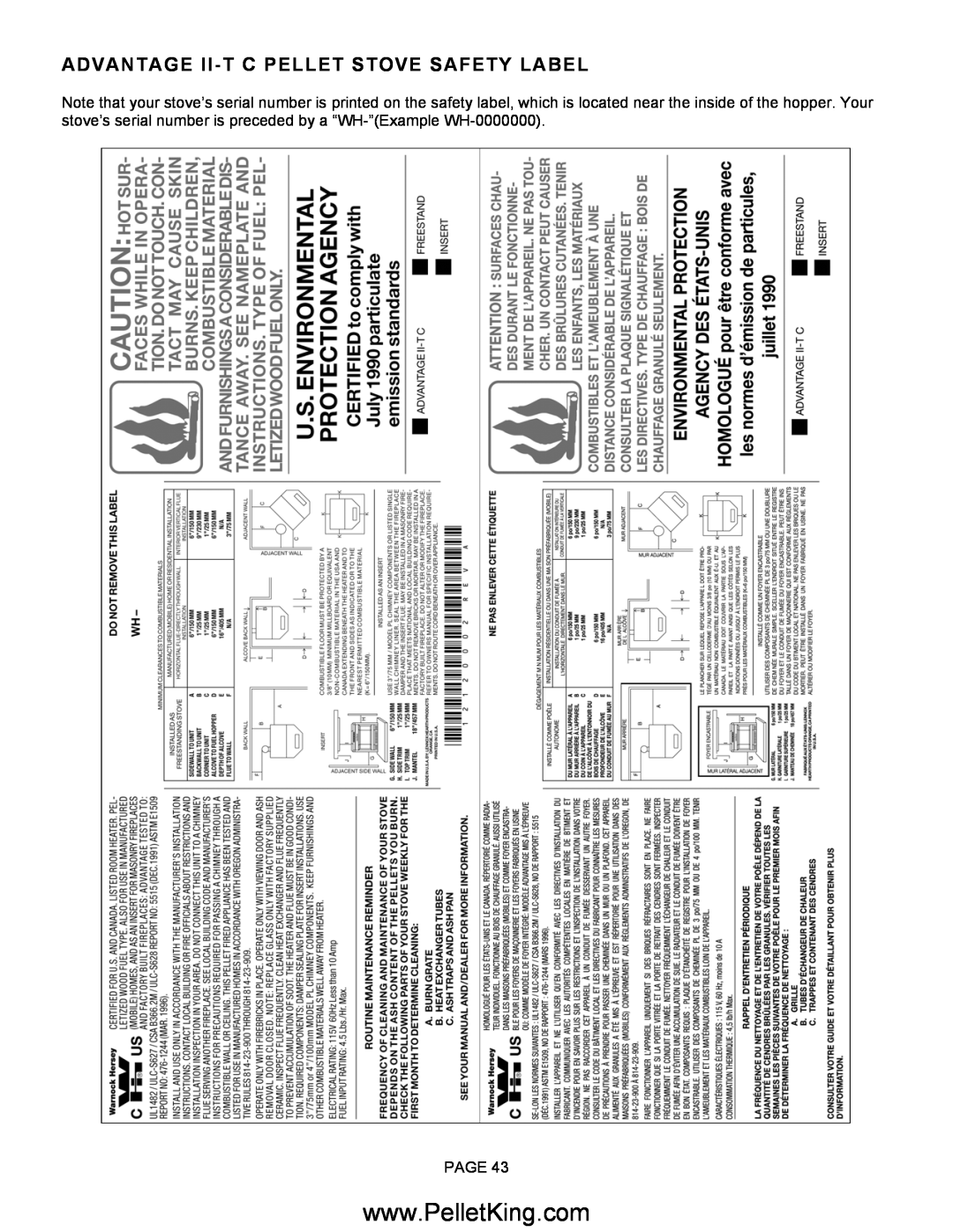 Lennox Hearth II-T C FS, II-T C INS operation manual Advantage Ii-Tc Pellet Stove Safety Label, Page 
