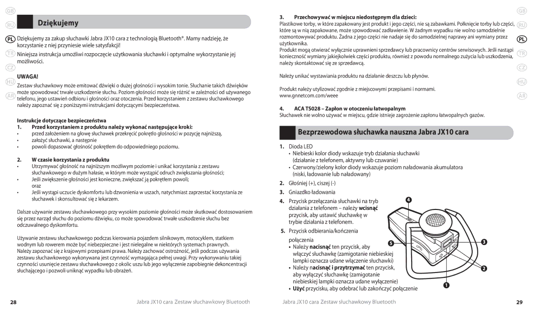 Lennox Hearth JX10 CARA user manual Dziękujemy, Bezprzewodowa słuchawka nauszna Jabra JX10 cara, Możliwości 