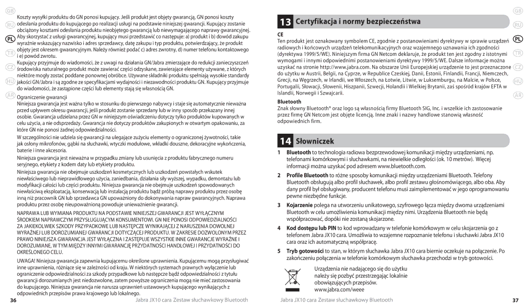 Lennox Hearth JX10 CARA user manual Certyfikacja i normy bezpieczeństwa, 14 Słowniczek, Ograniczenie gwarancji 