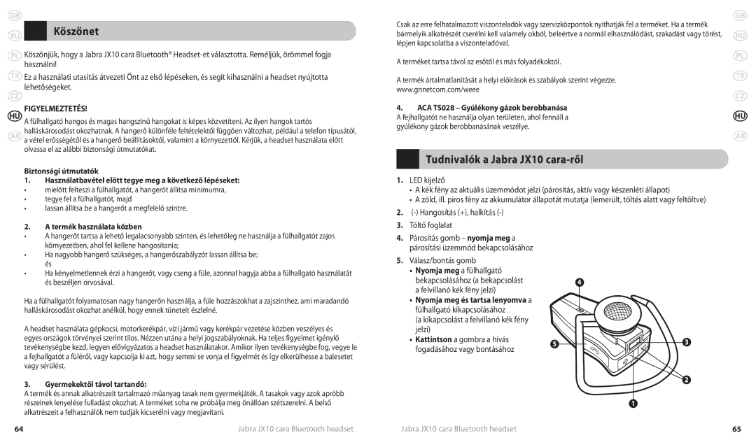 Lennox Hearth JX10 CARA user manual Köszönet, Tudnivalók a Jabra JX10 cara-ről, Nyomja meg és tartsa lenyomva a 