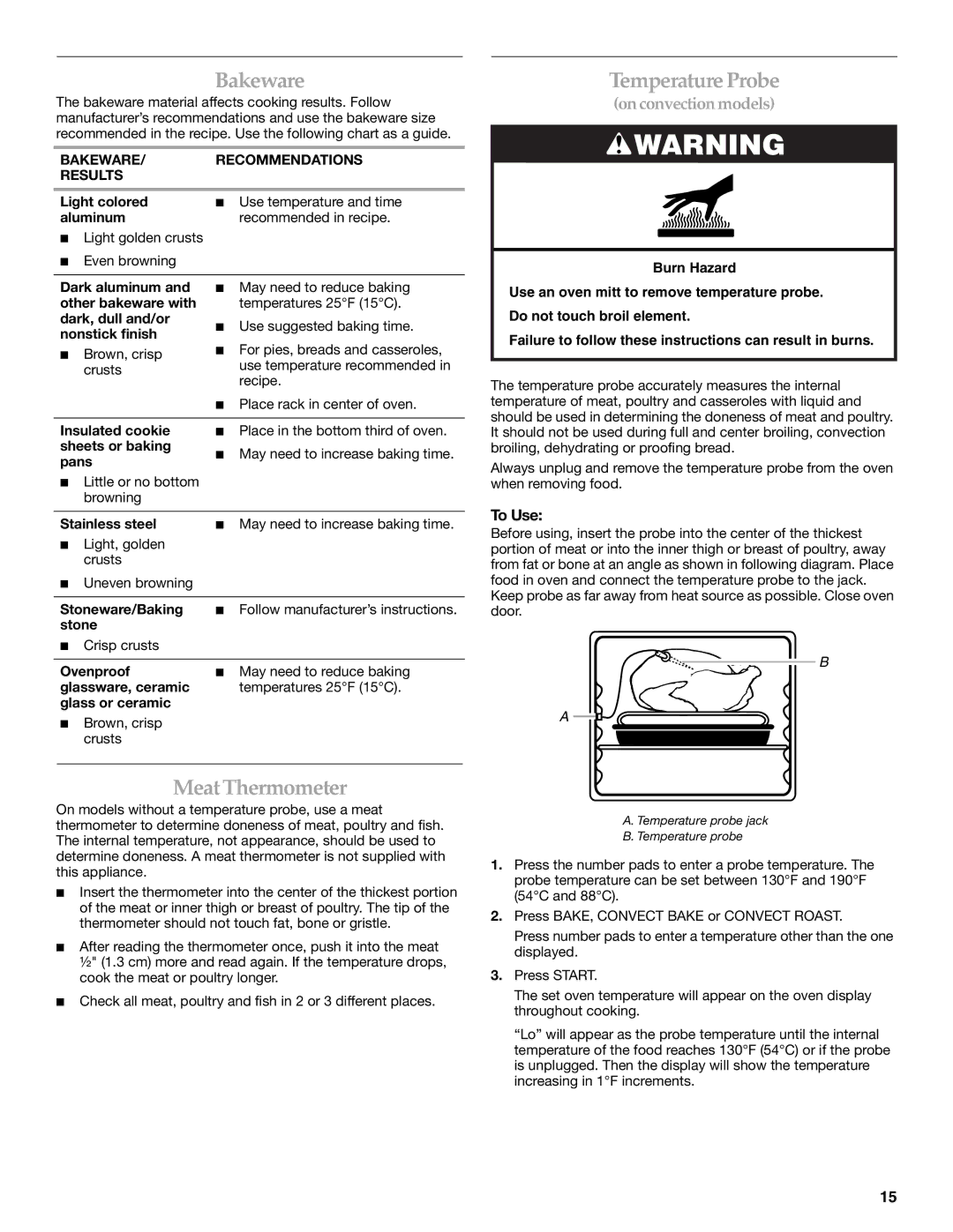 Lennox Hearth KGRS807 manual MeatThermometer, Temperature Probe, To Use, Bakeware Recommendations Results 