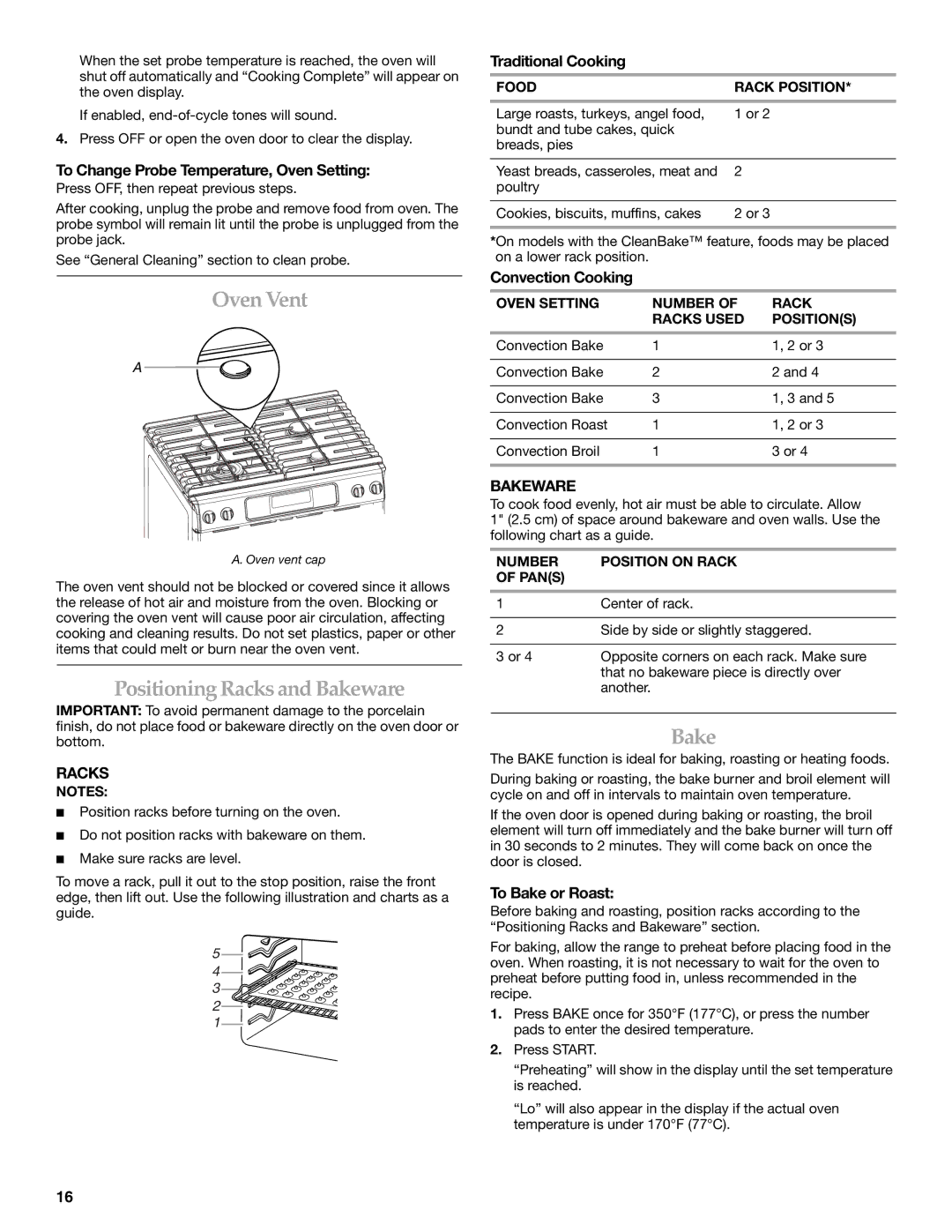 Lennox Hearth KGRS807 manual Oven Vent, Positioning Racks and Bakeware 