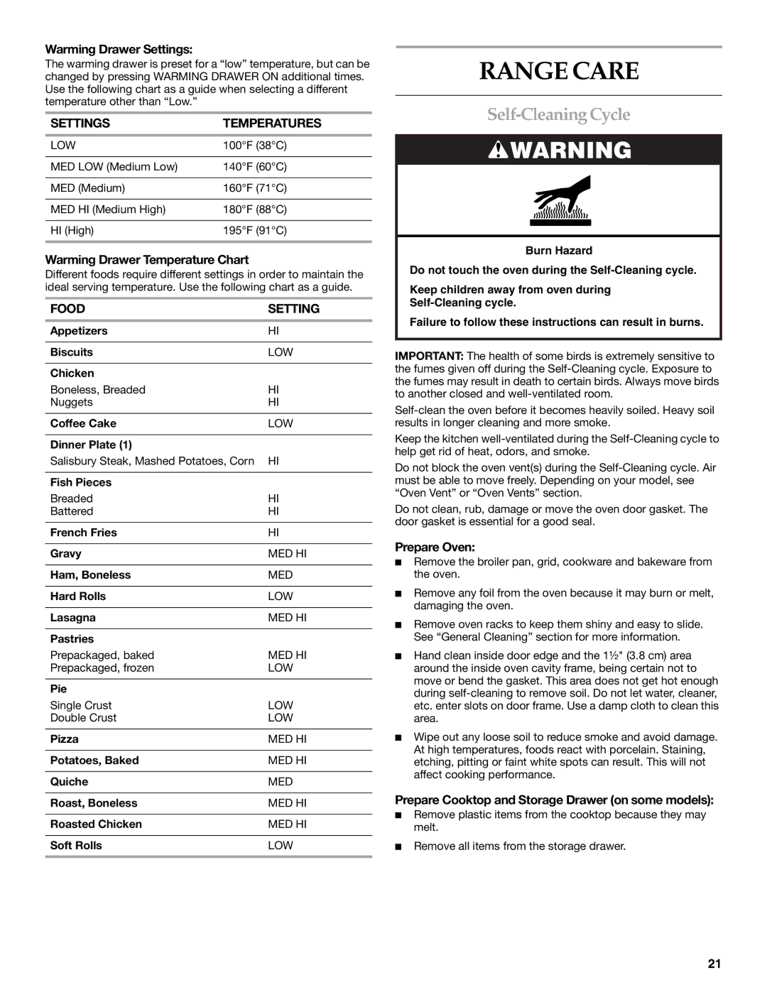 Lennox Hearth KGRS807 manual Range Care, Self-Cleaning Cycle, Settings Temperatures, Food Setting 