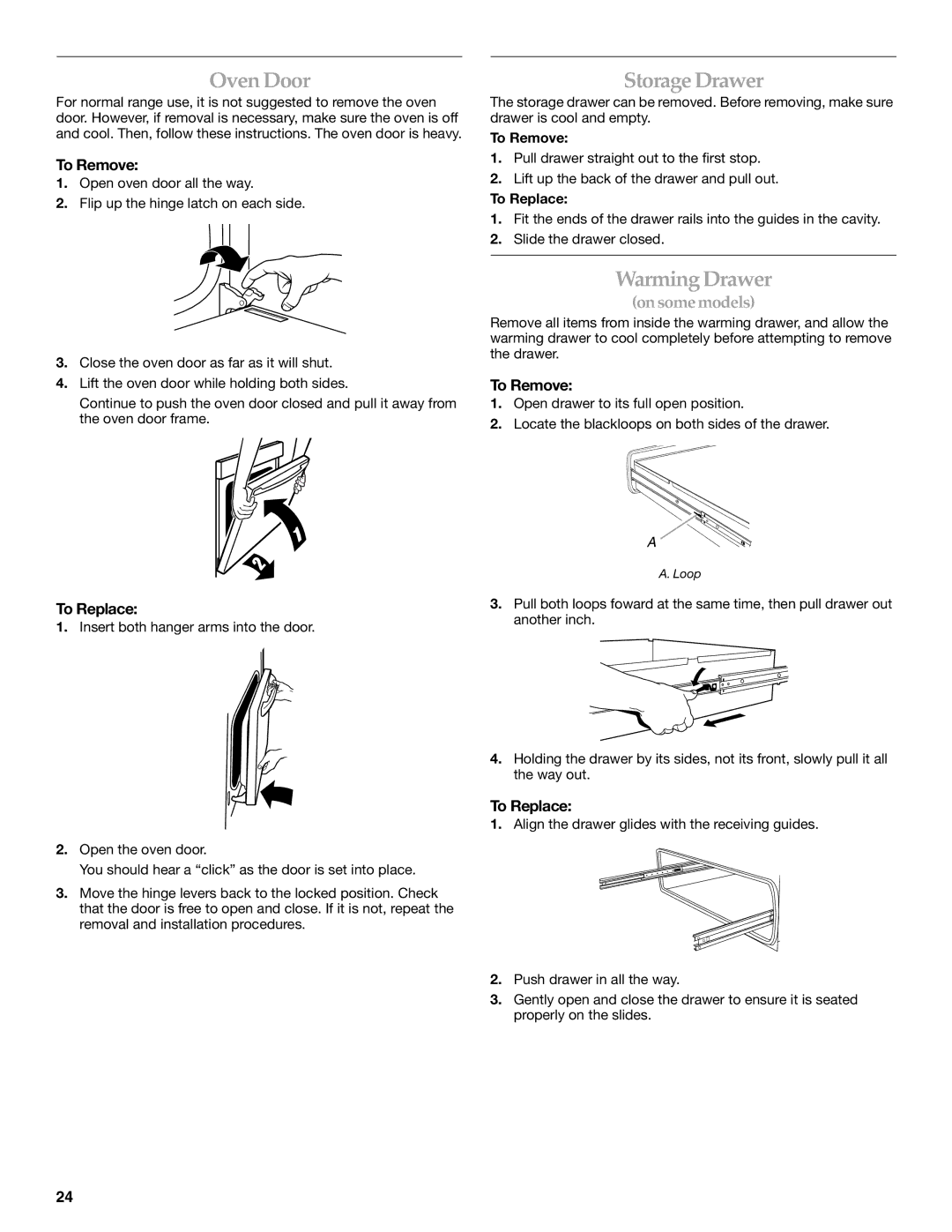 Lennox Hearth KGRS807 manual Oven Door, Storage Drawer, To Remove, To Replace 