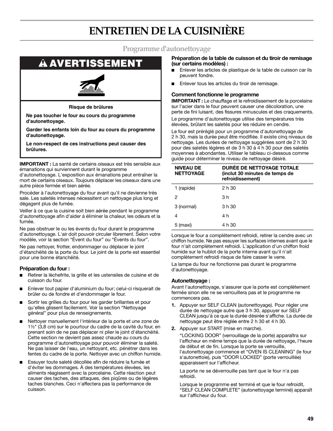 Lennox Hearth KGRS807 Entretien DE LA Cuisinière, Programme dautonettoyage, Comment fonctionne le programme, Autonettoyage 