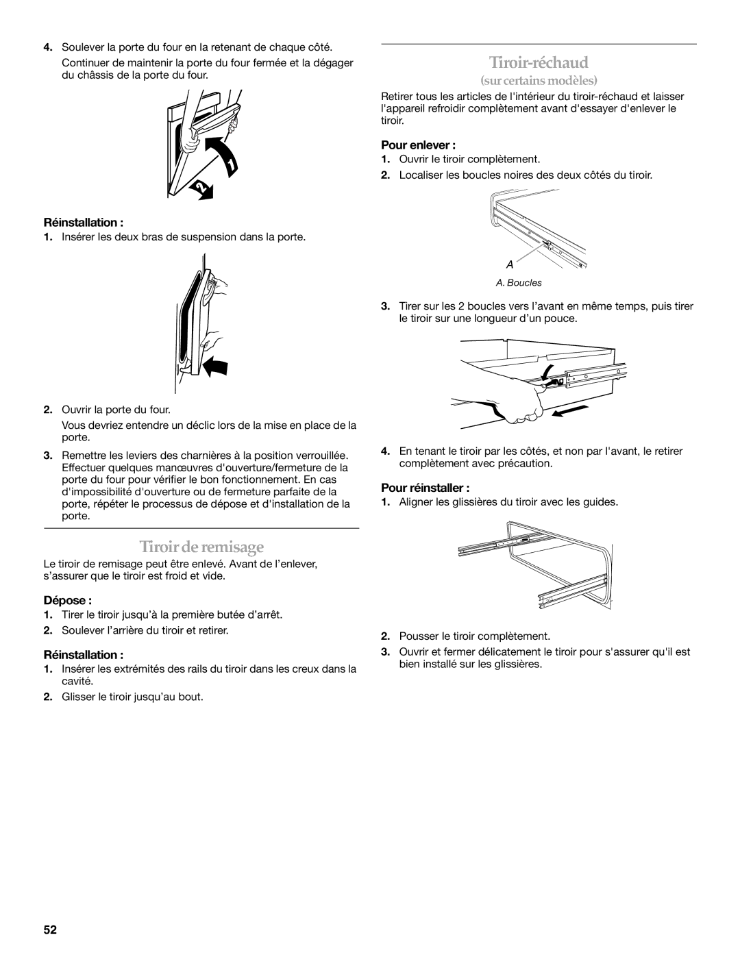 Lennox Hearth KGRS807 manual Tiroir de remisage, Réinstallation, Pour enlever, Pour réinstaller 