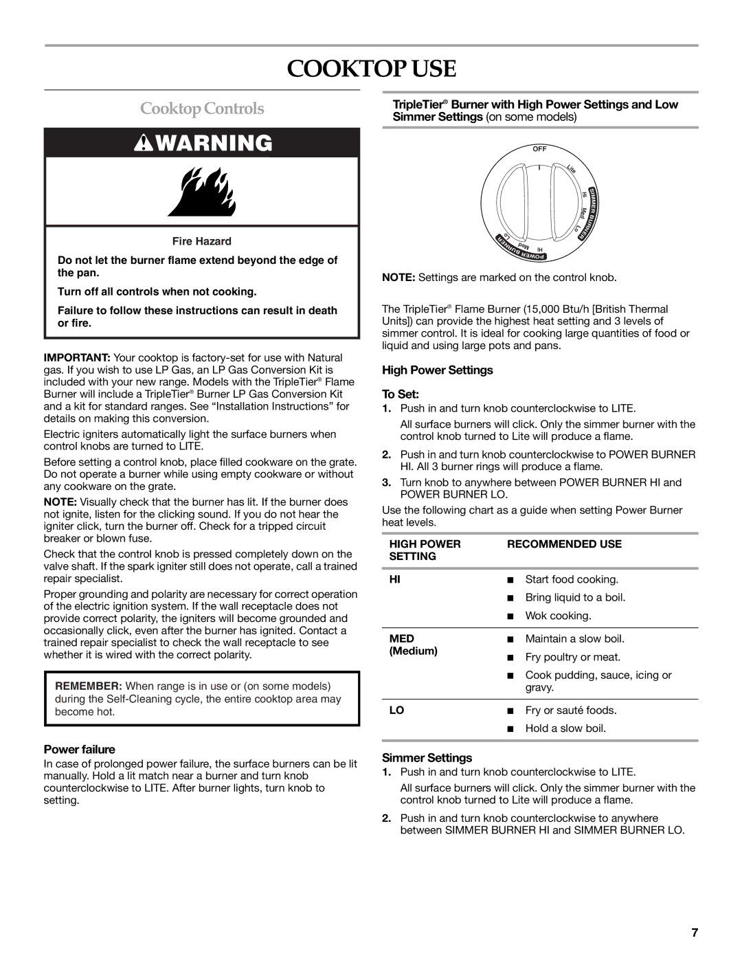 Lennox Hearth KGRS807 manual Cooktop USE, Cooktop Controls, Power failure, High Power Settings To Set, Simmer Settings 