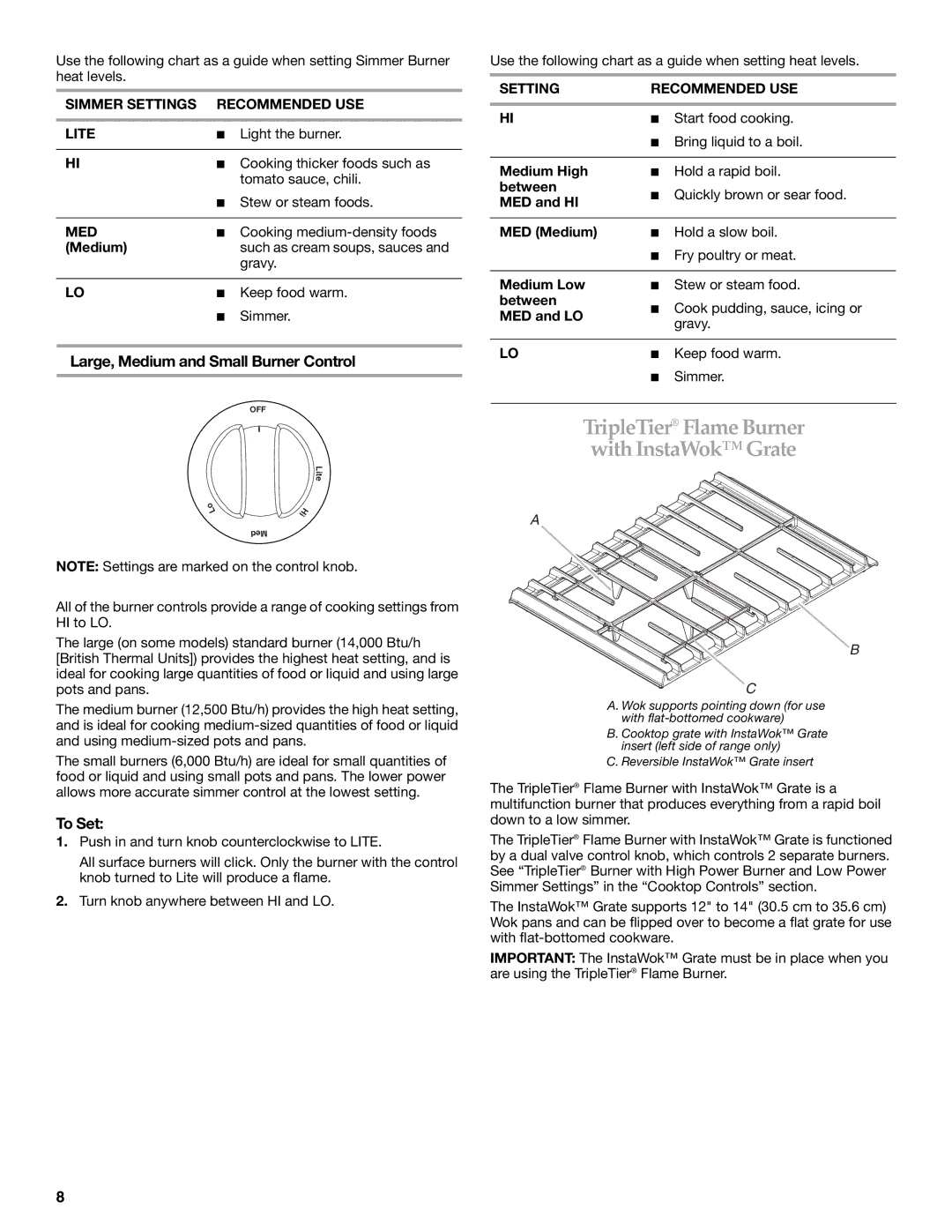 Lennox Hearth KGRS807 Large, Medium and Small Burner Control, Simmer Settings Recommended USE Lite, Start food cooking 