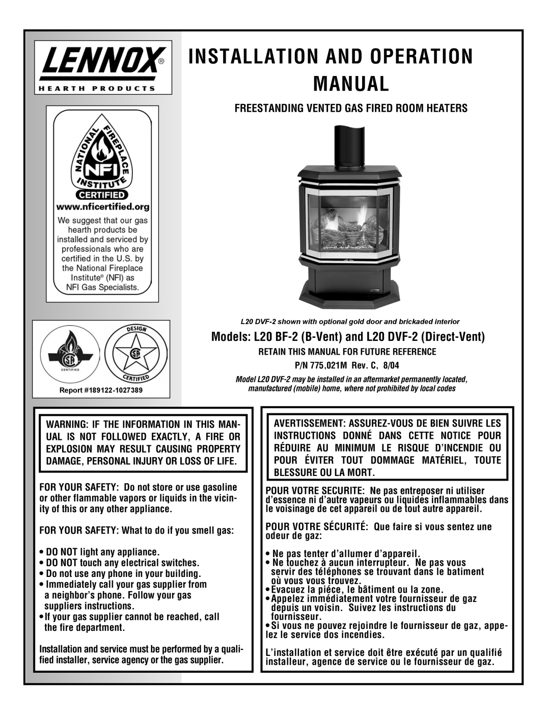 Lennox Hearth L20 BF-2 manual Freestanding Vented GAS Fired Room Heaters, Retain this Manual for Future Reference 