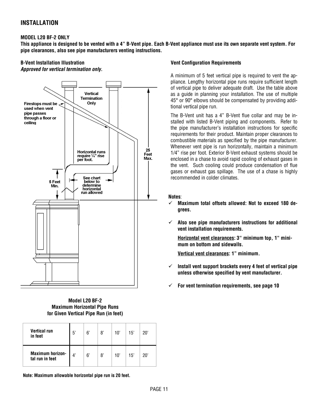 Lennox Hearth L20 DVF-2 Model L20 BF-2 only, Vent Configuration Requirements, For vent termination requirements, see 