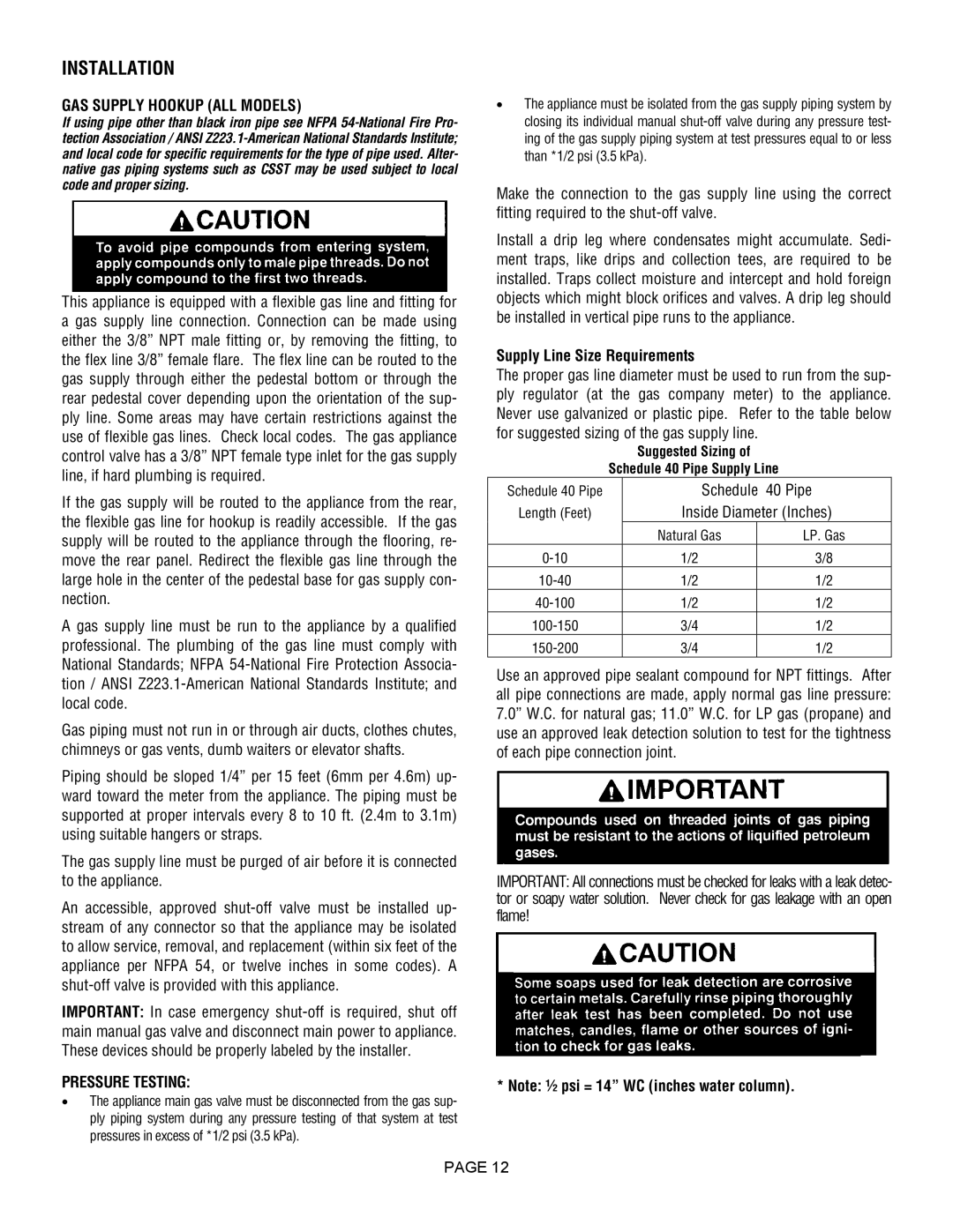 Lennox Hearth L20 DVF-2, L20 BF-2 manual GAS Supply Hookup ALL Models, Pressure Testing, Supply Line Size Requirements 