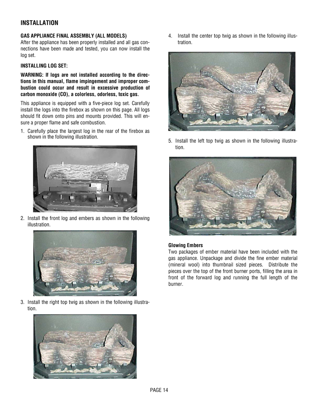 Lennox Hearth L20 DVF-2, L20 BF-2 manual GAS Appliance Final Assembly ALL Models, Installing LOG SET, Glowing Embers 
