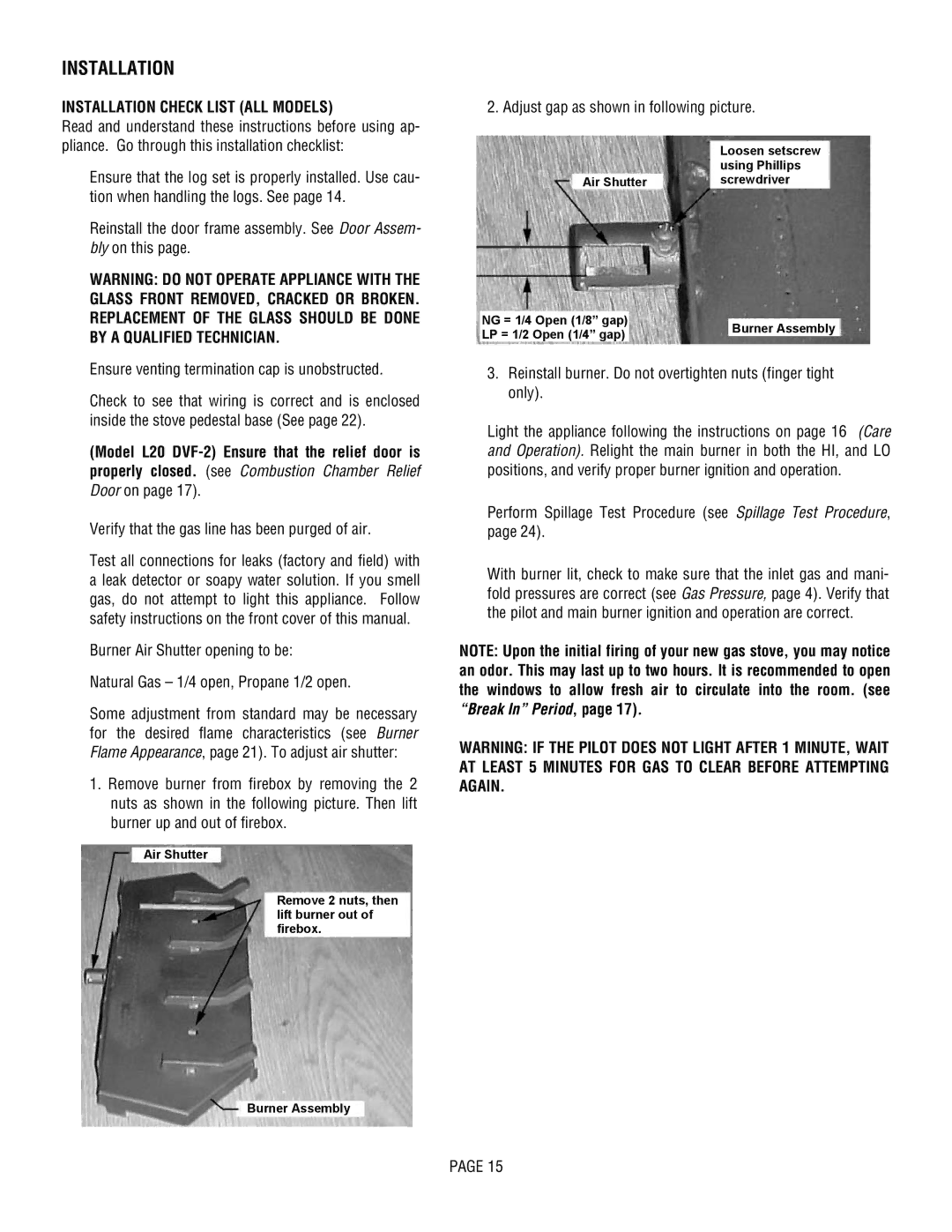 Lennox Hearth L20 BF-2, L20 DVF-2 manual Installation Check List ALL Models, Verify that the gas line has been purged of air 