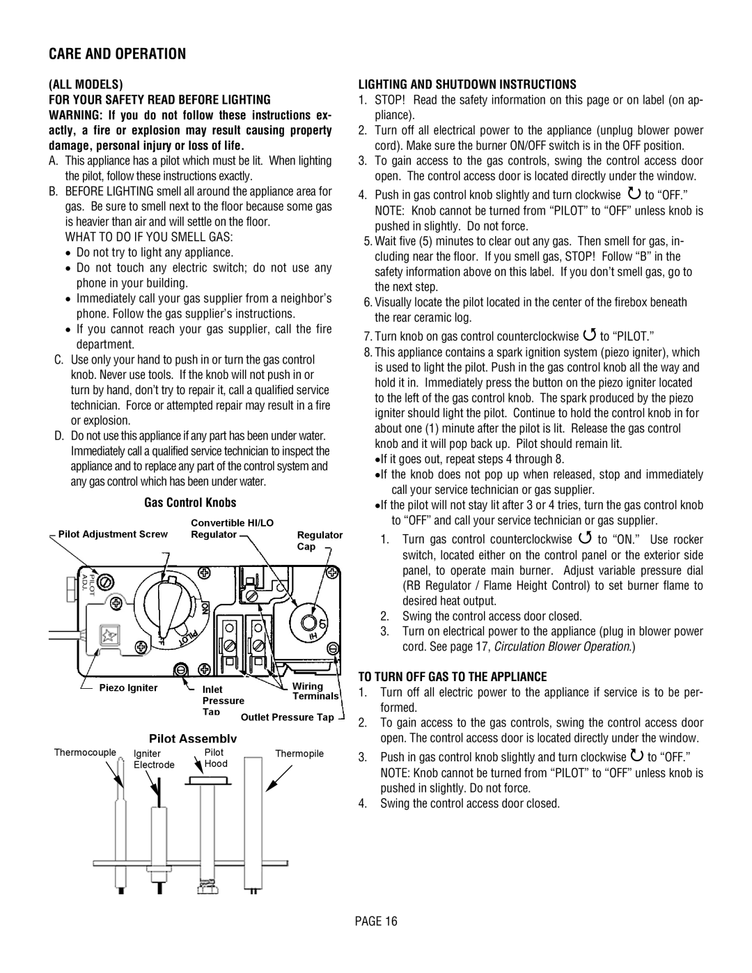 Lennox Hearth L20 DVF-2, L20 BF-2 Care and Operation, ALL Models For Your Safety Read Before Lighting, Gas Control Knobs 