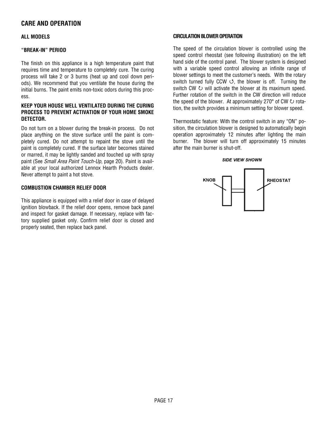 Lennox Hearth L20 BF-2, L20 DVF-2 ALL Models BREAK-IN Period, Combustion Chamber Relief Door, Circulation Blower Operation 