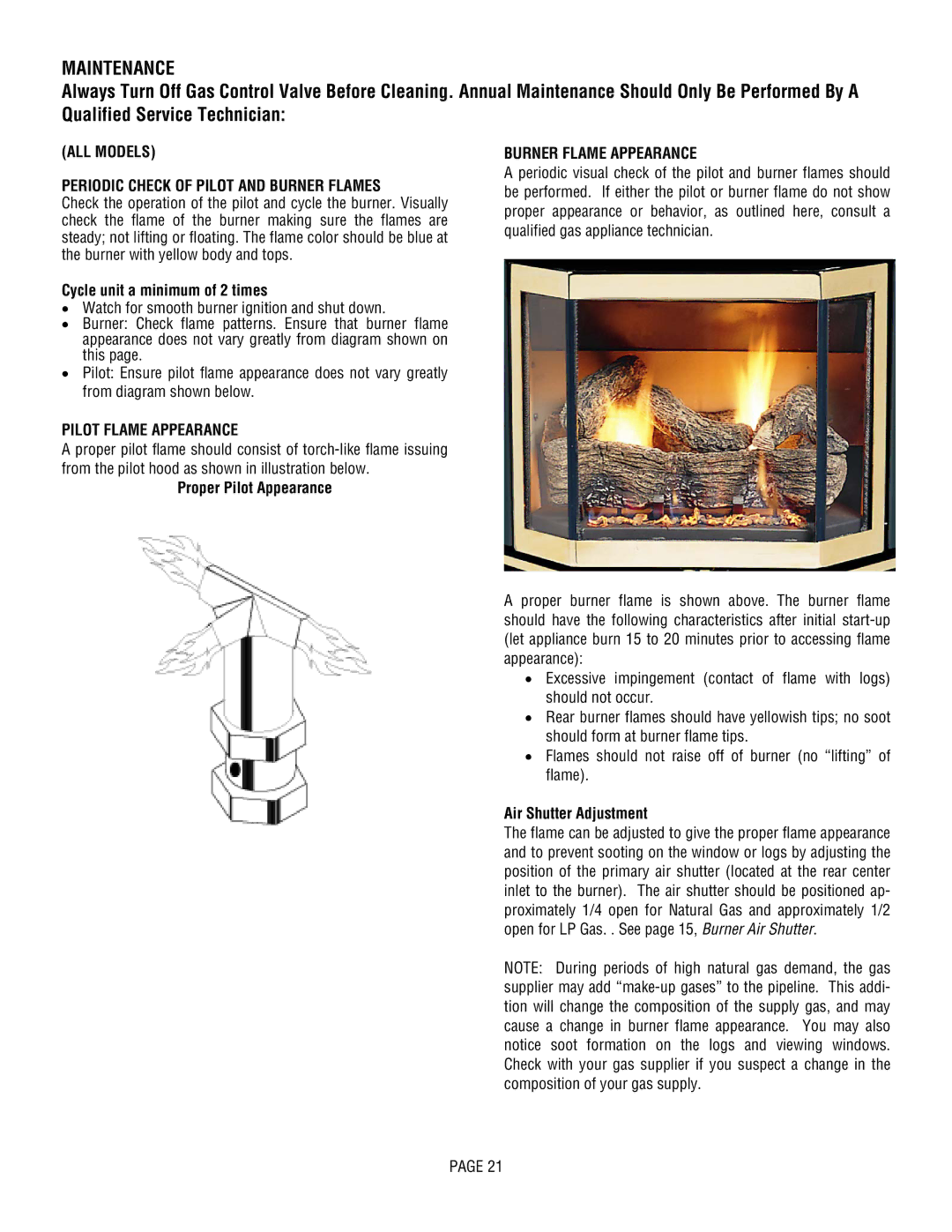 Lennox Hearth L20 BF-2, L20 DVF-2 ALL Models Periodic Check of Pilot and Burner Flames, Cycle unit a minimum of 2 times 