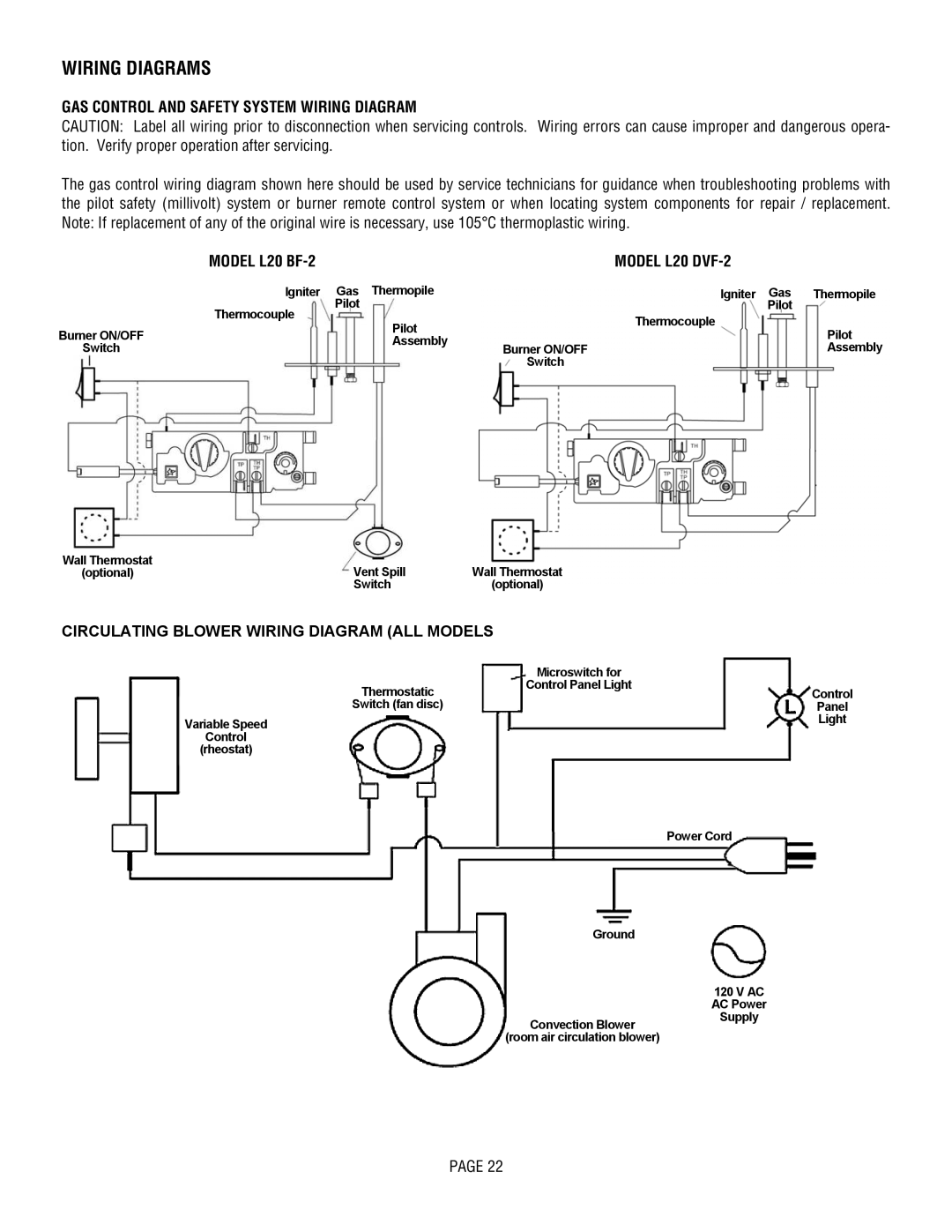 Lennox Hearth manual Wiring Diagrams, GAS Control and Safety System Wiring Diagram, Model L20 BF-2 Model L20 DVF-2 