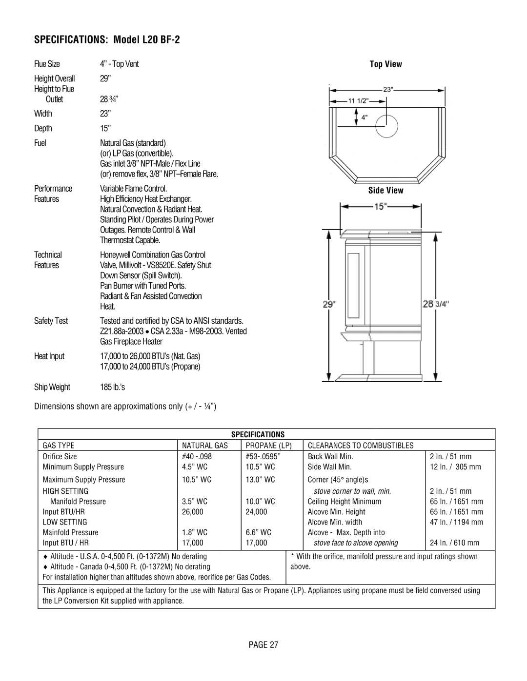 Lennox Hearth L20 DVF-2 manual Specifications Model L20 BF-2, Top View Side View 